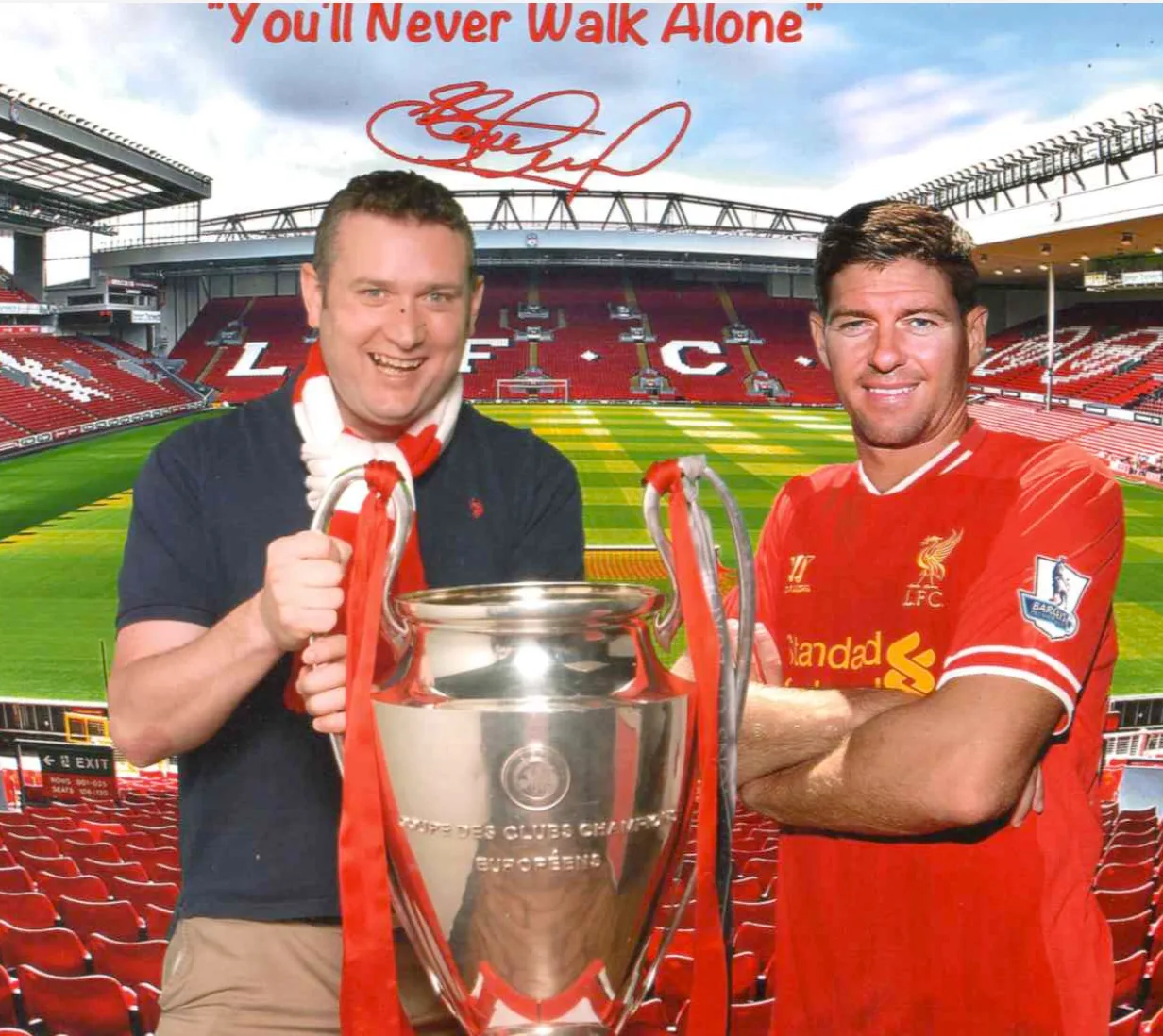 Rich and Steven Gerrard either side of the European Cup — the museum-tour composite.