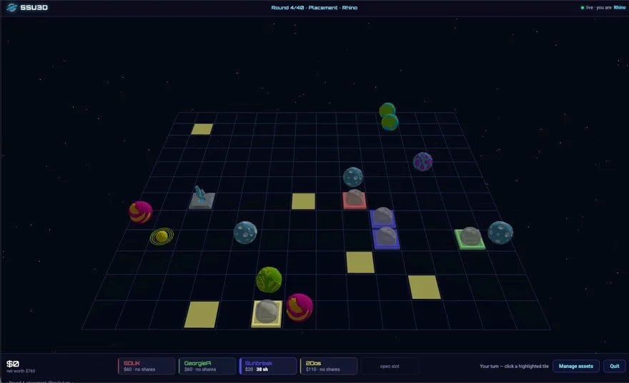SSU3D: a space board game of planets on a glowing grid.