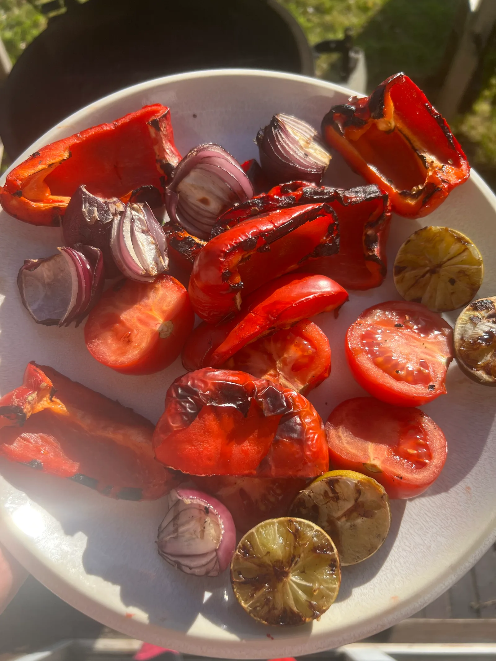 The chilli sauce vegetables charred on a plate.