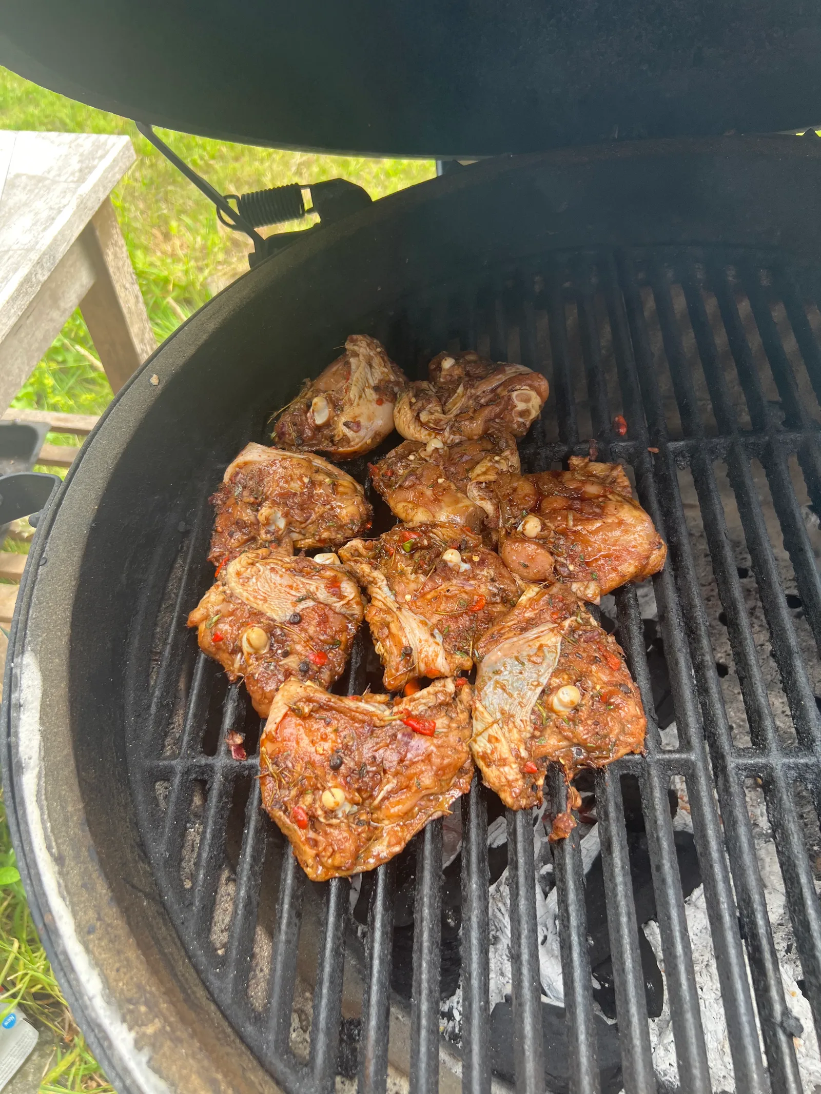 Jerk-marinated chicken on the Big Green Egg.