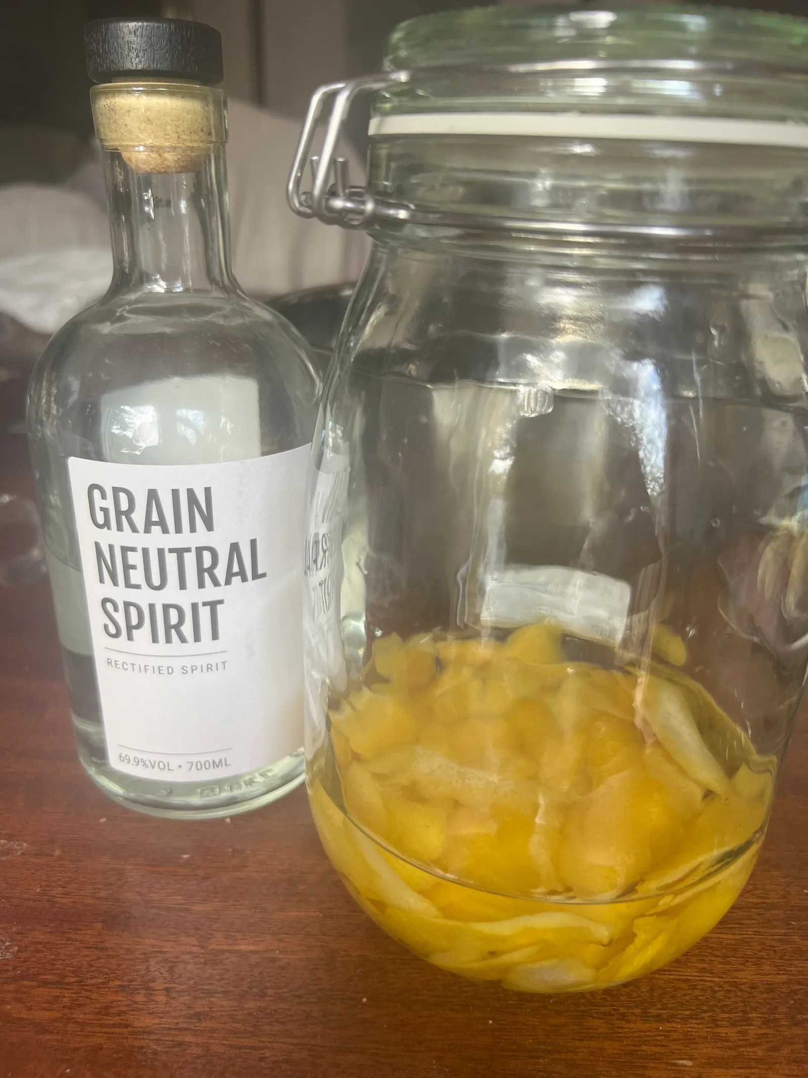 Lemon peels steeping in spirit.