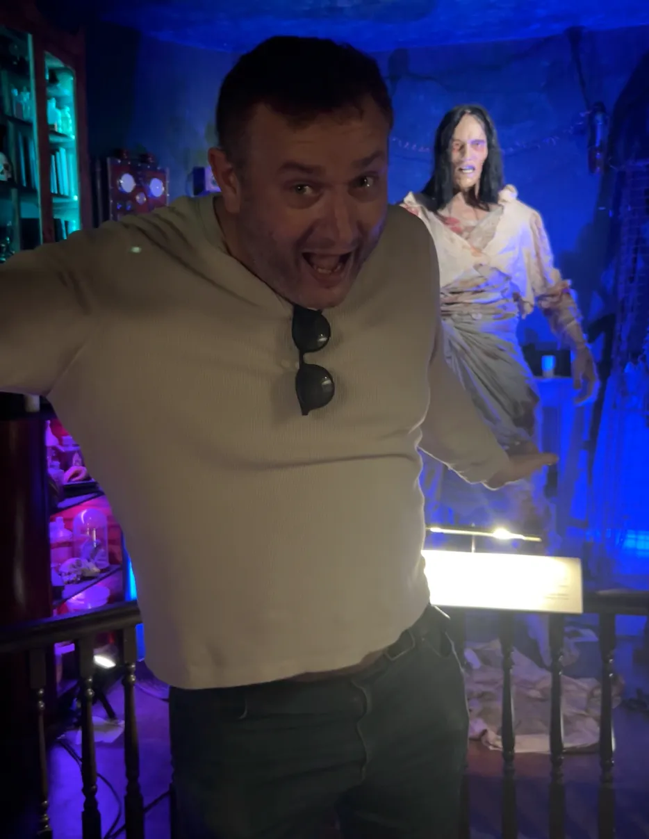 Rich pulling a face of mock terror at the Mary Shelley museum in Bath.