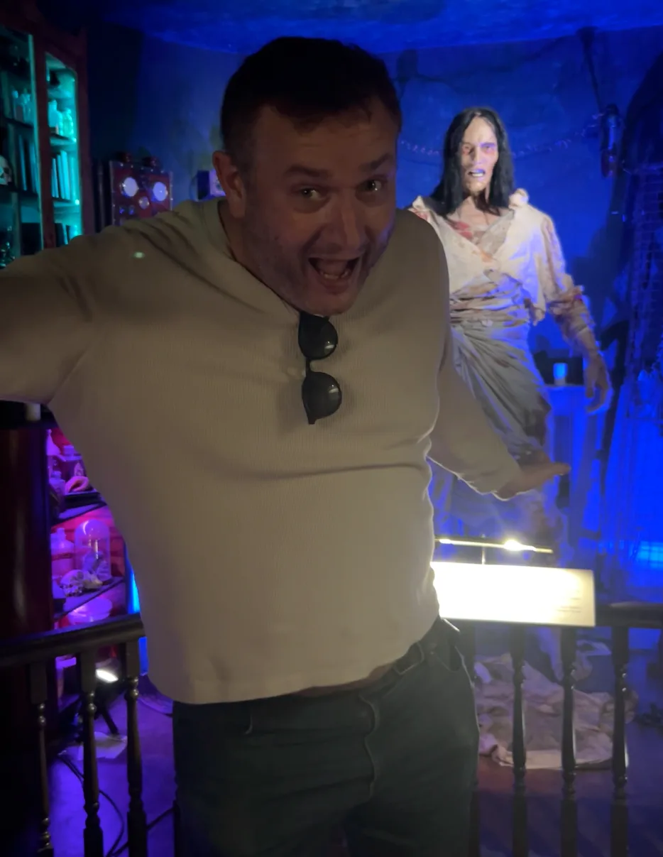 Rich pulling a face of mock terror at the Mary Shelley museum in Bath.