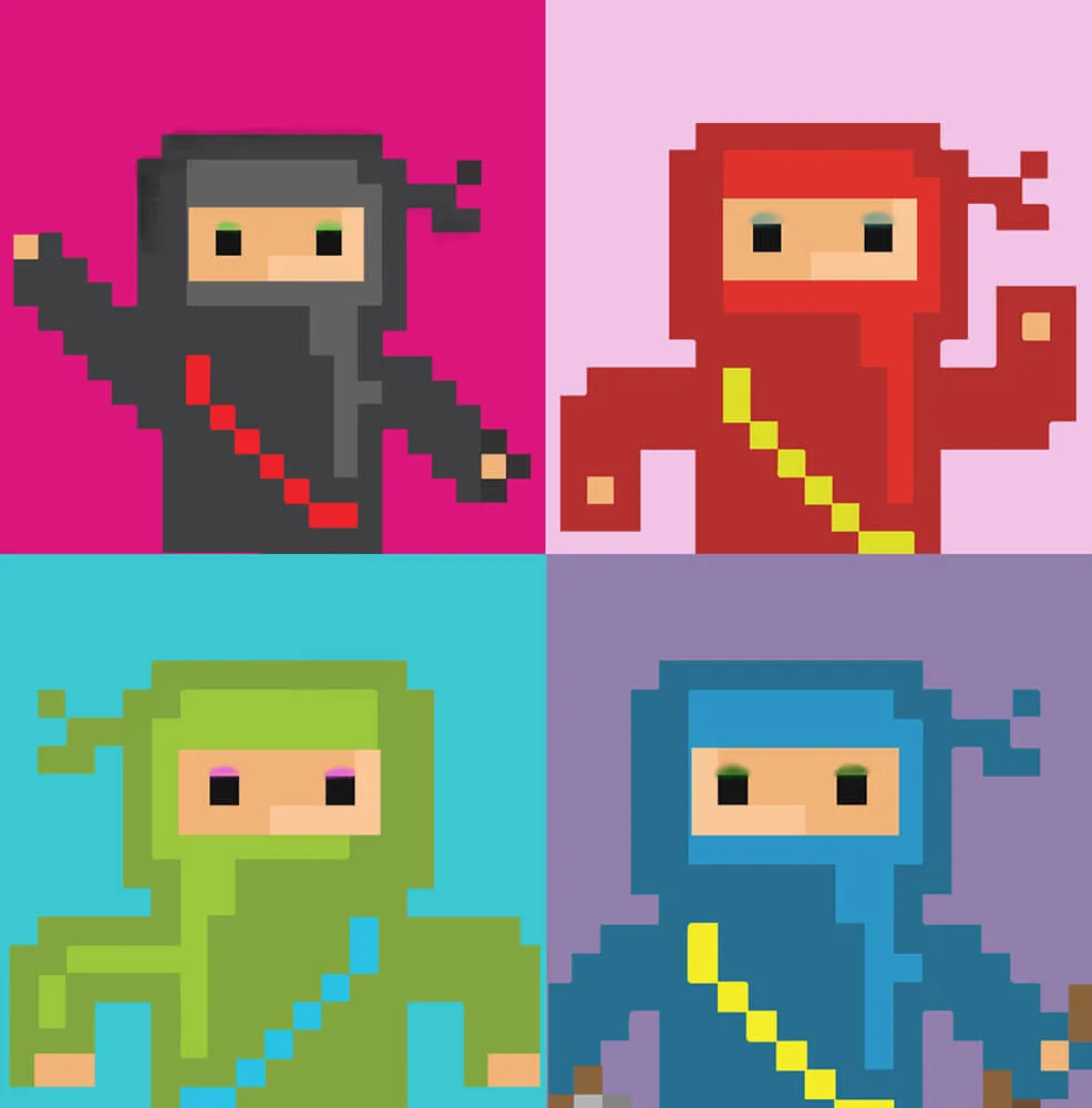 A Warhol-style four-panel pop-art print of 8-bit ninjas.