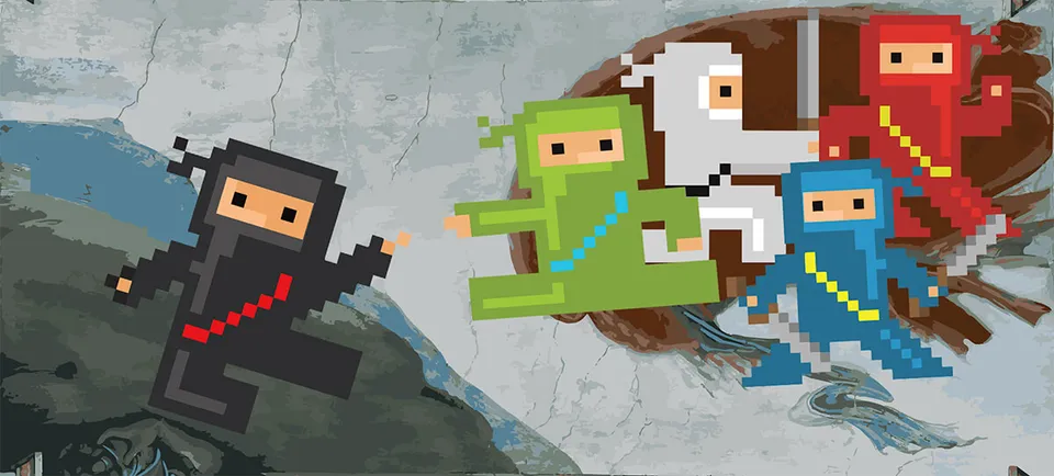 Michelangelo's Creation with 8-bit ninjas.