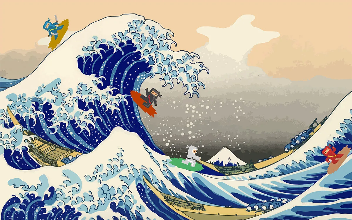 The Great Wave off Kanagawa with 8-bit ninjas riding it.