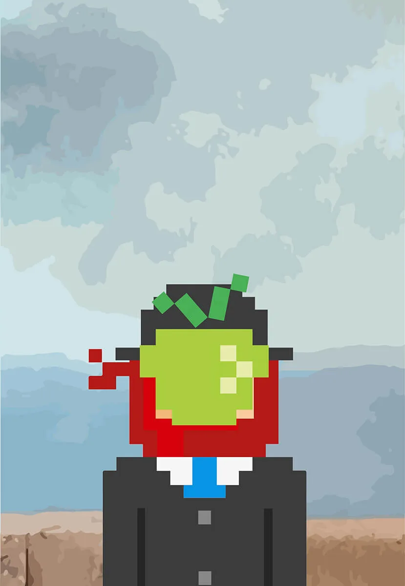 Magritte's Son of Man with a pixel apple over an 8-bit ninja's face.
