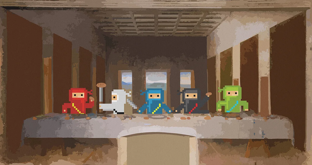 The Last Supper with 8-bit ninjas at the table.