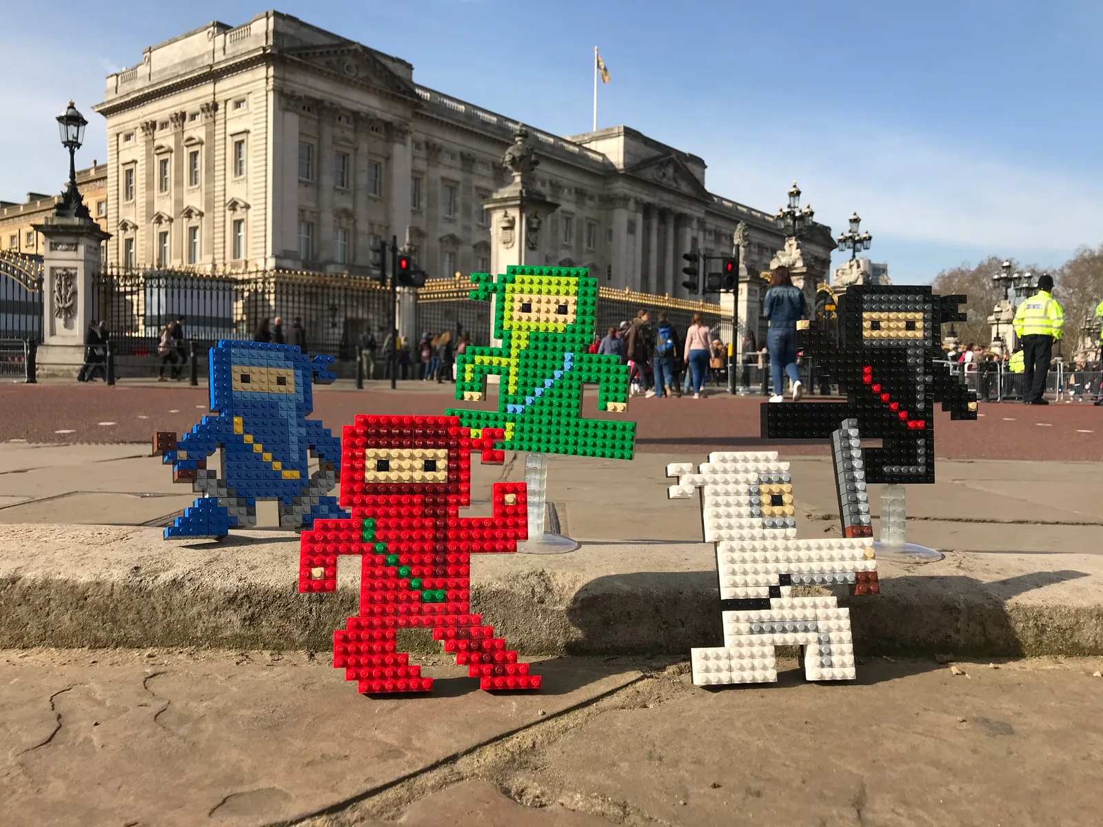 Lego ninjas outside Buckingham Palace.