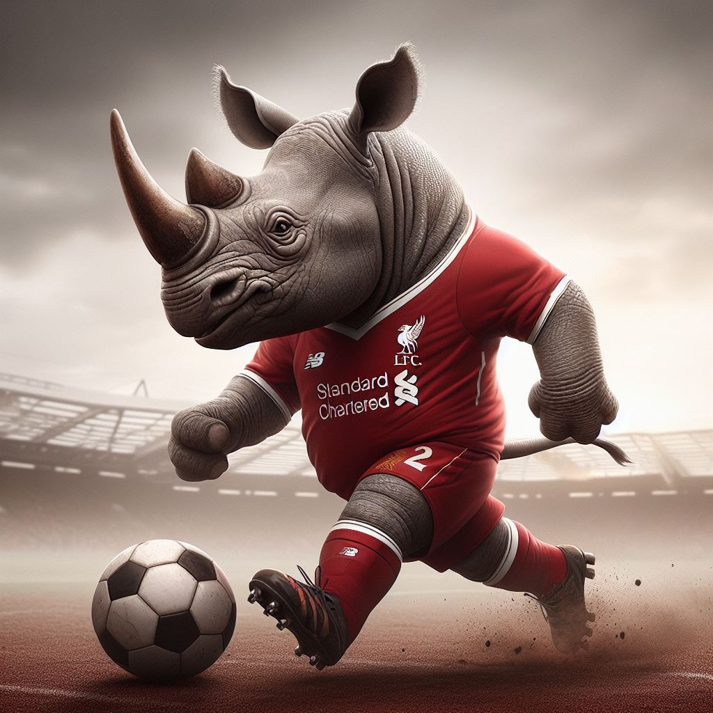 An AI-generated rhinoceros in a full Liverpool kit, dribbling a football across a stadium pitch.