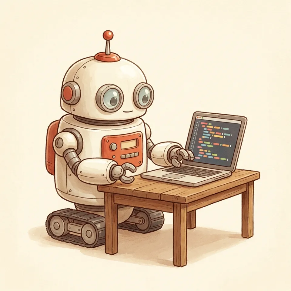 A cream and red vintage robot happily coding at a laptop.