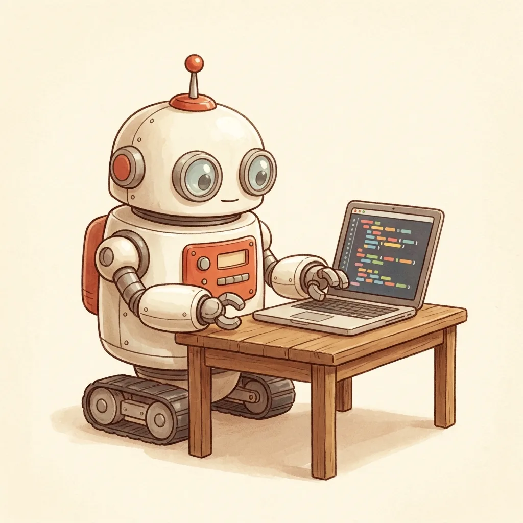 A cream and red vintage robot happily coding at a laptop.