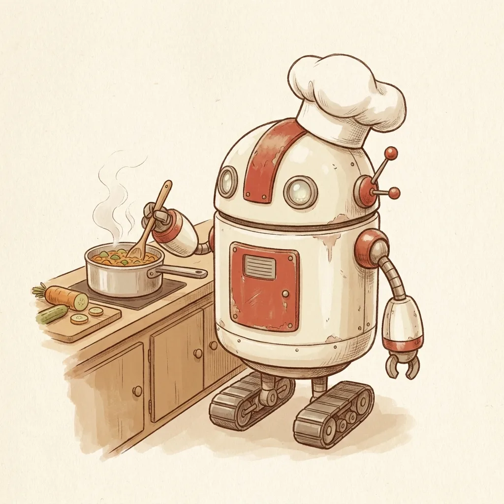 The robot in a chef's hat stirring a saucepan.