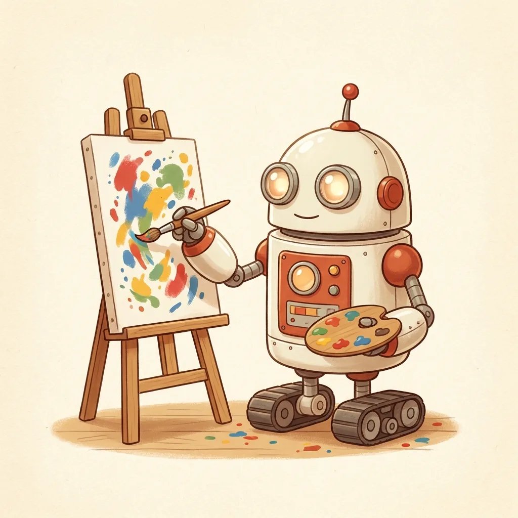 The robot painting a colourful canvas at an easel.