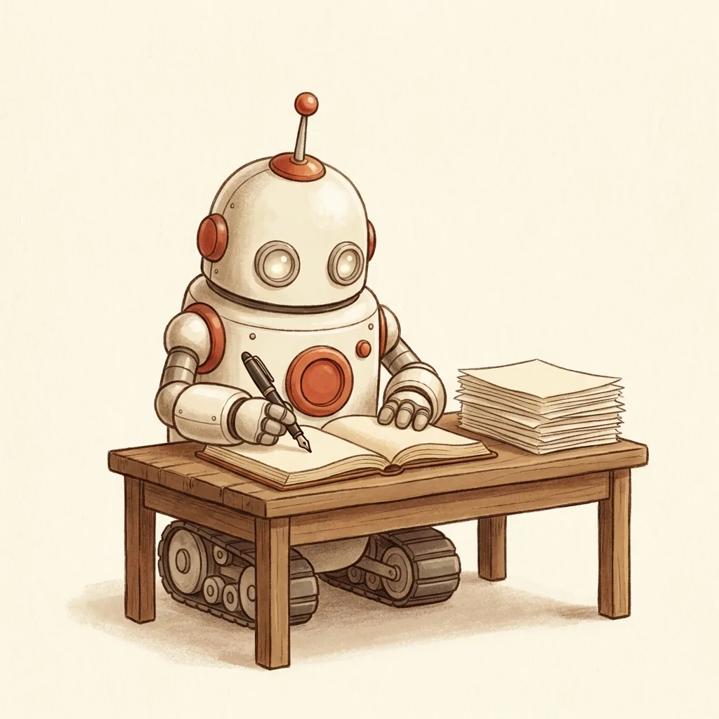 The robot writing in a notebook with a fountain pen.