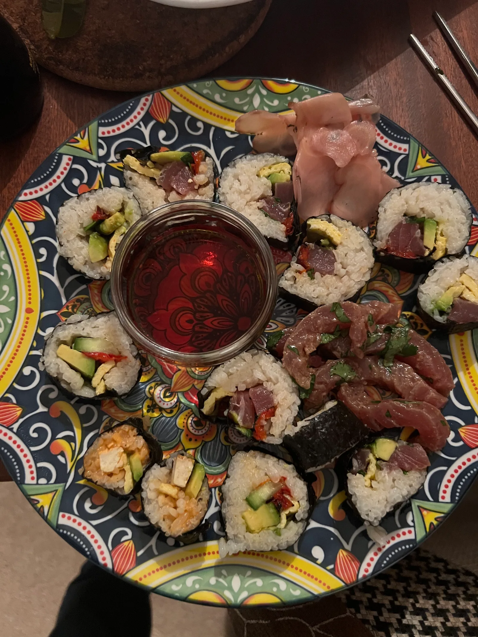 A homemade sushi platter.
