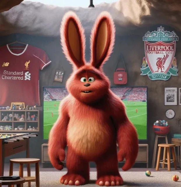 Big Rich: a huge red furry toe monster surrounded by Liverpool FC memorabilia.